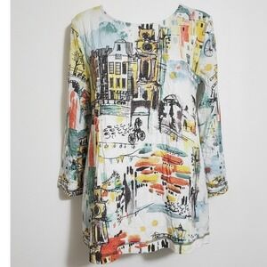 Ali Miles Women's L Art to Wear Tunic Top 3/4 Sleeve Cityscape Watercolor Print